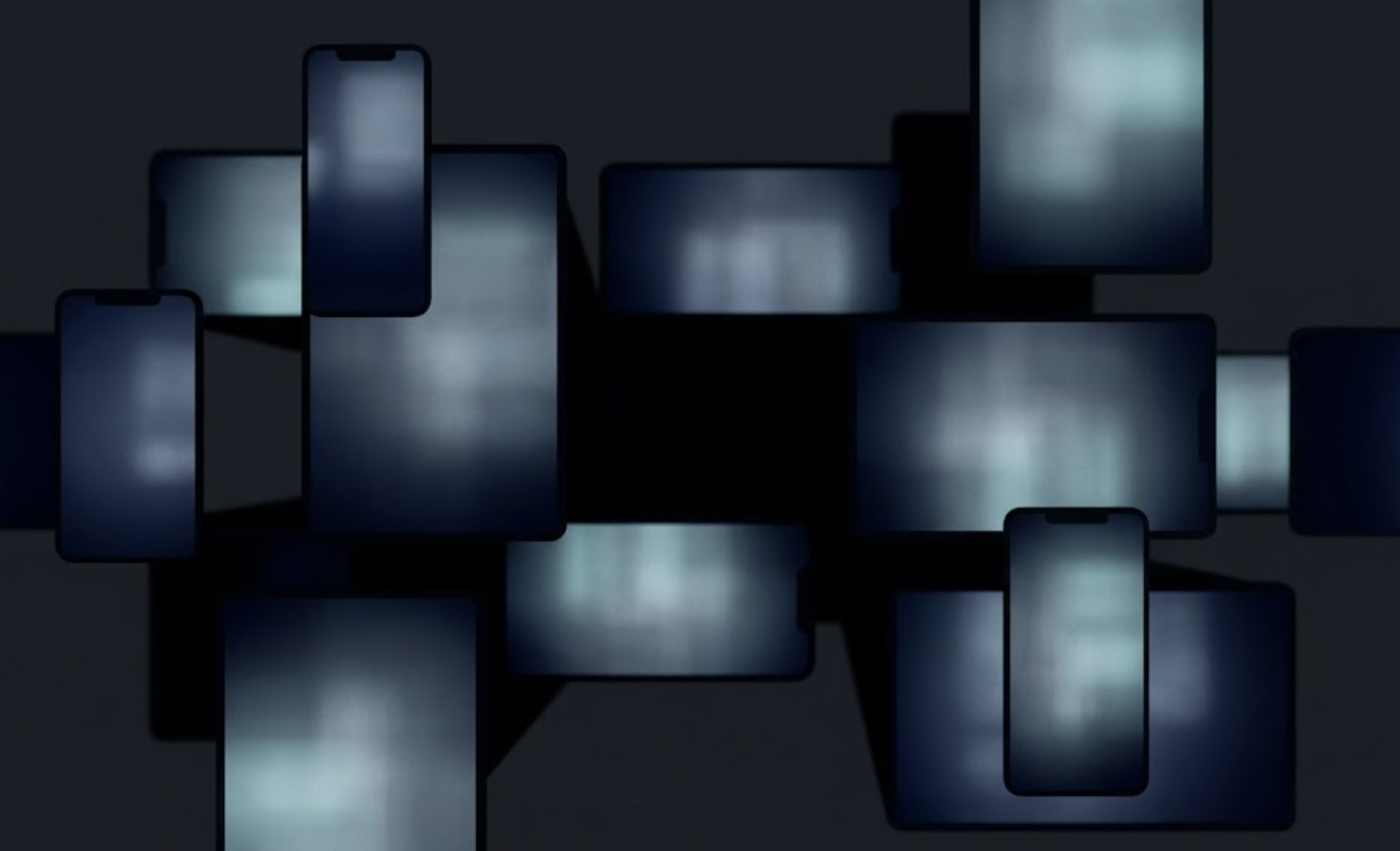 O vedere de sus minimalistă a ecrane multiple (telefoane și tablete) suspendate în întuneric, emițând lumini difuze de albastru marin și cyan. Compoziția reprezintă conceptual „insulele” de informație și fragmentarea audiențelor documentată în Digital News Report 2026 pentru România, ilustrând izolarea consumului selectiv în diete informaționale distincte